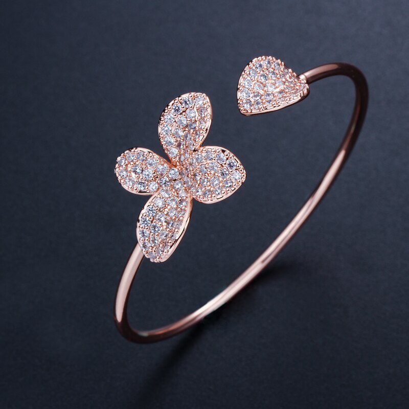 CWWZircons Famous Brand Jewelry Flower and Leaf Silver Color Micro Pave Cubic Zirconia Adjustable Bangle Bracelet BG014