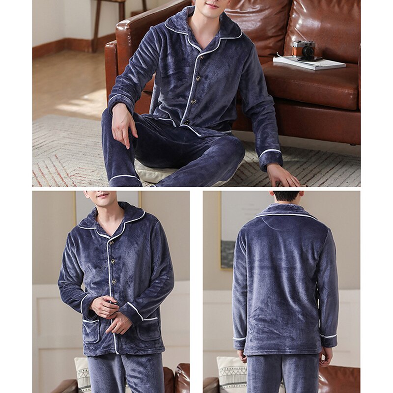 Conjunto de pijama de franela azul grueso y cálido para hombre, ropa de dormir de manga larga de terciopelo Coral, ropa de dormir, ropa de casa,: Smoky gray / XL