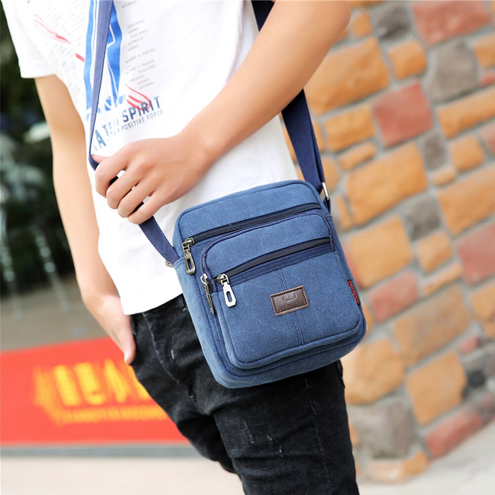 Men Canvas Casual Shoulder Bag Tear Resistant Outdoor Travel Multi Pockets Crossbody Anti Wrinkle Solid Adjustable Strap