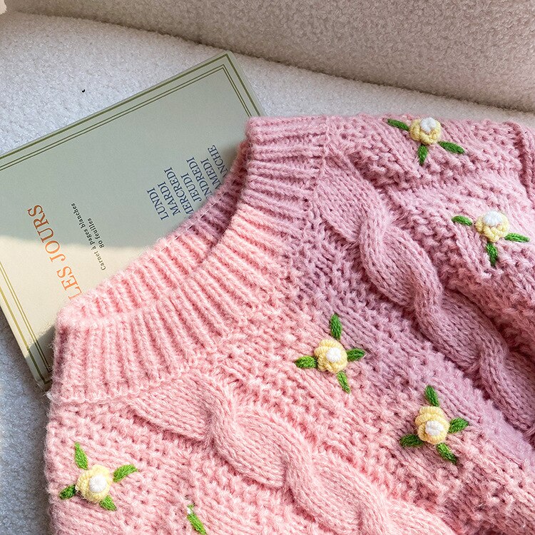 Pull tricoté épais avec broderie florale pour bébé fille, pull mignon de Style coréen pour enfant, hiver