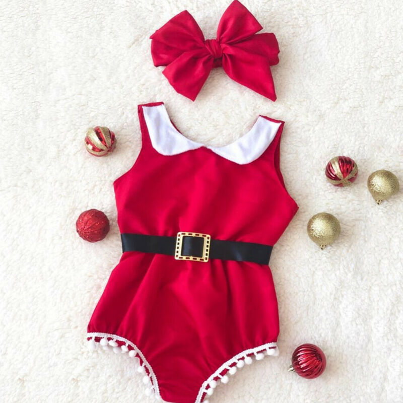 0-24m jul baby pige tøj kvast ærmeløs patchwork jumpsuit pandebånd xmas fest tøj santa kostume