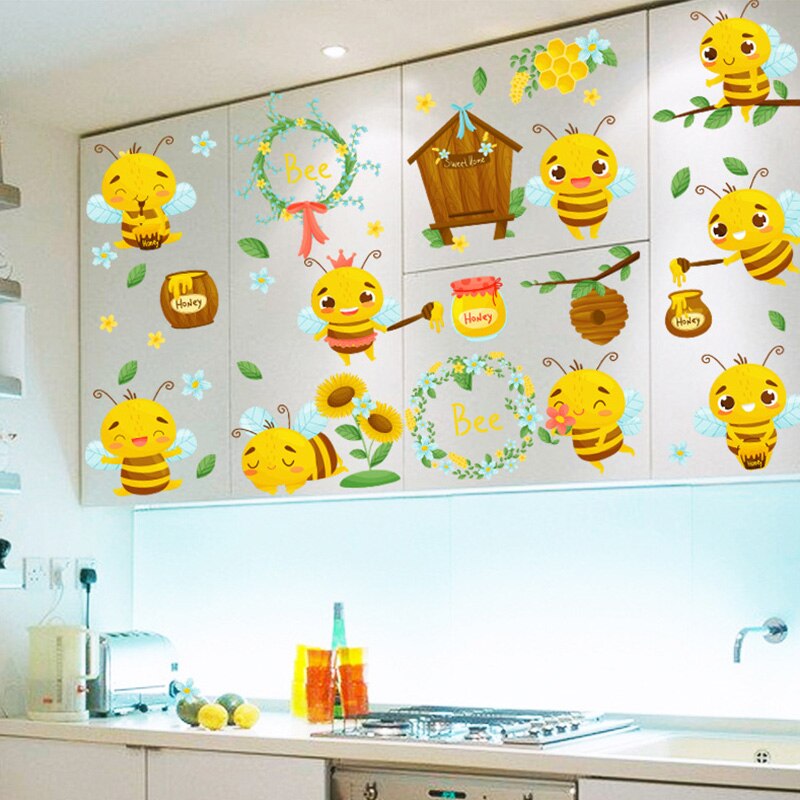 Cartoon Bee Wall Sticker Home Decor Kawaii Insect Wallpaper Nursery Mural Window Stickers For Kid Bedroom Decoration Accessories