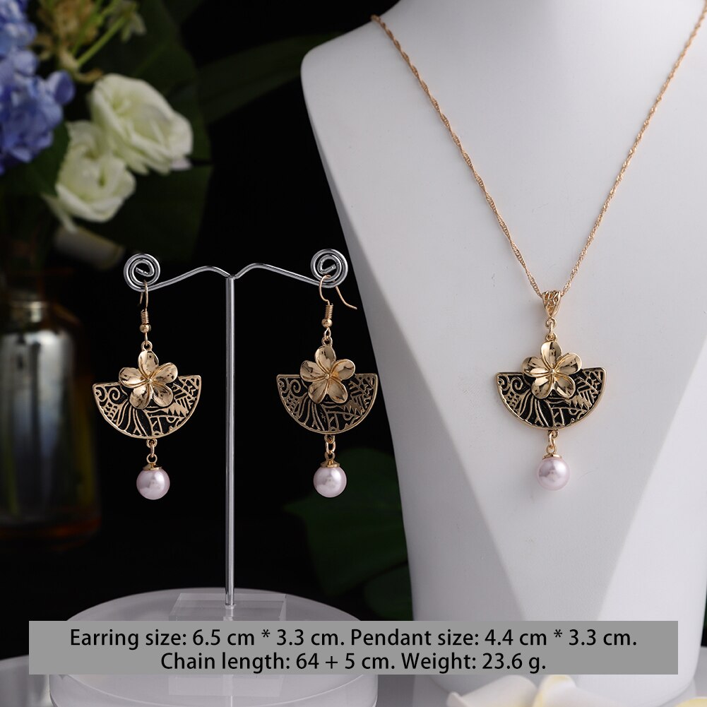 Sophiaxuan Hawaiian Polynesische Sieraden Sets Zwart Sector Plumeria Bloemen Parel Hangers Kettingen En Oorbellen Voor Vrouwen