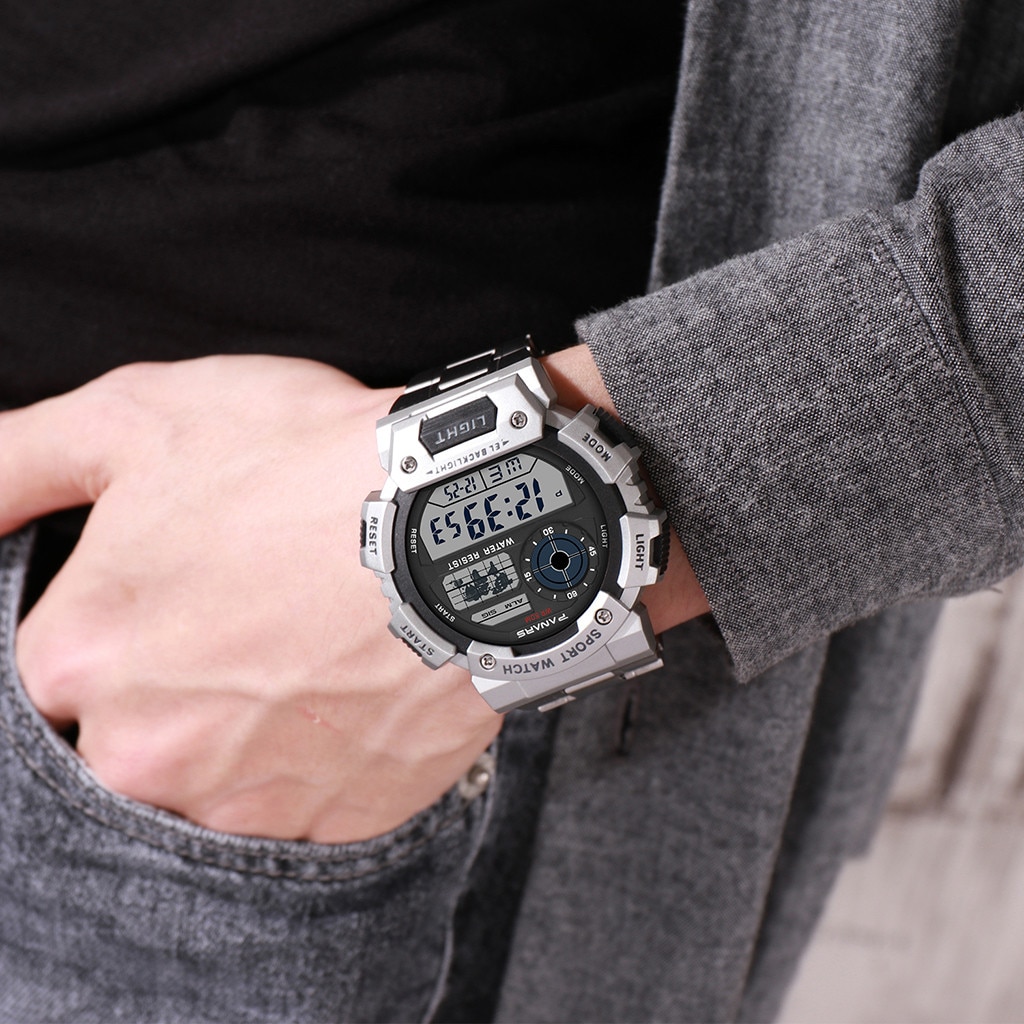 Panars Luxe Mannen Digitale Horloge Roestvrij Stalen Band Lichtgevende Multifunctionele Waterdichte Mannen Klok Elektronische Horloges