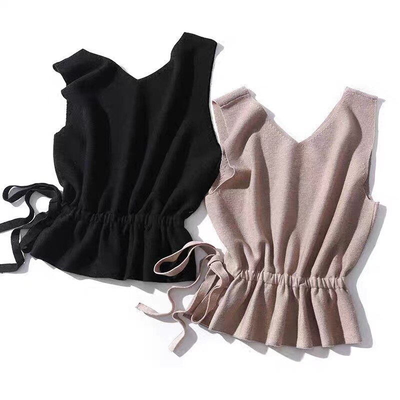 2020 mais recente estilo primavera verão outono feminino selvagem decote em v sem mangas de malha intelectual cordão camisola colete sólido