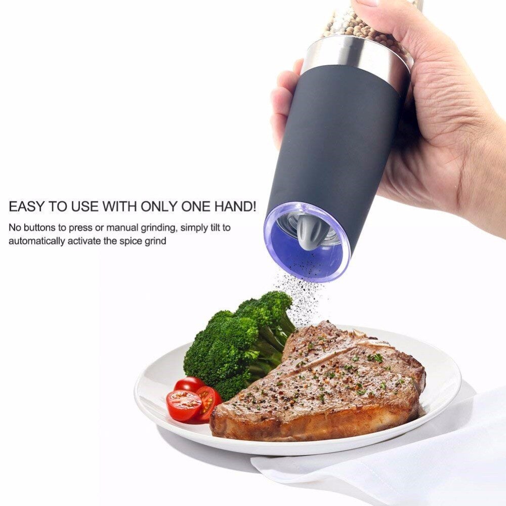 Rostfritt stål batteridriven gravity elektrisk pepparkvarn saltkvarn automatisk kryddkvarn med blått led-ljus