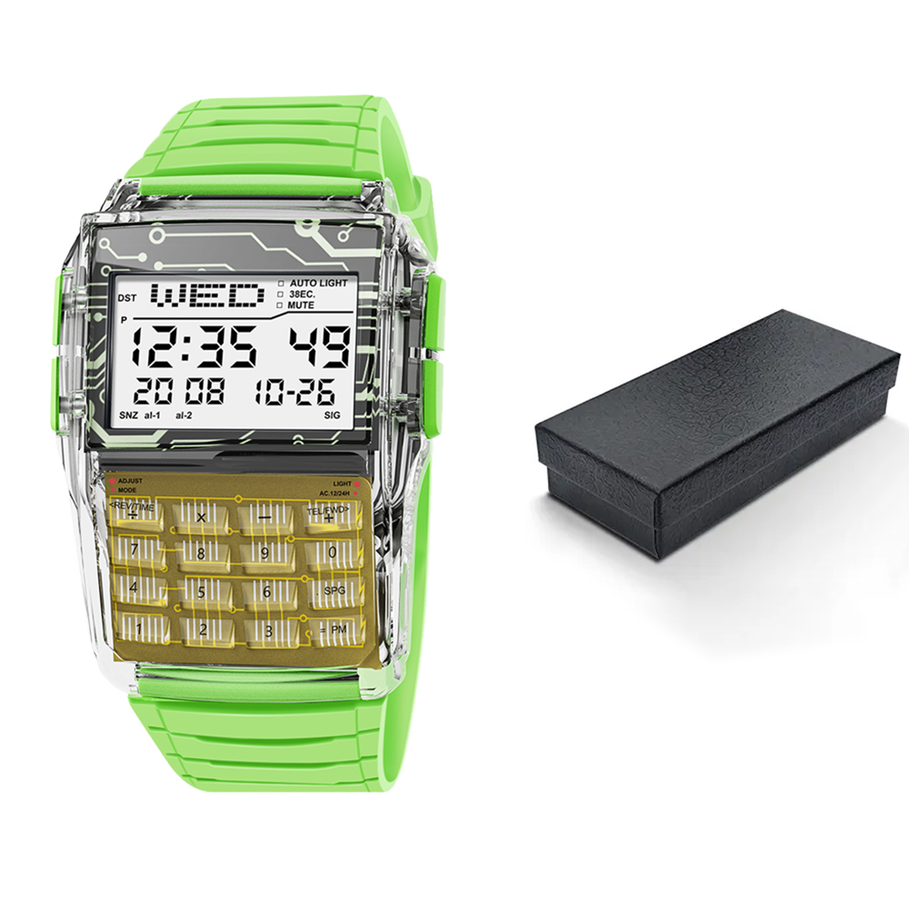 Multifunction Calculator Watch LED Electronic Watch Digital Sports Waterproof Computer Style Men's Top Luxury: green