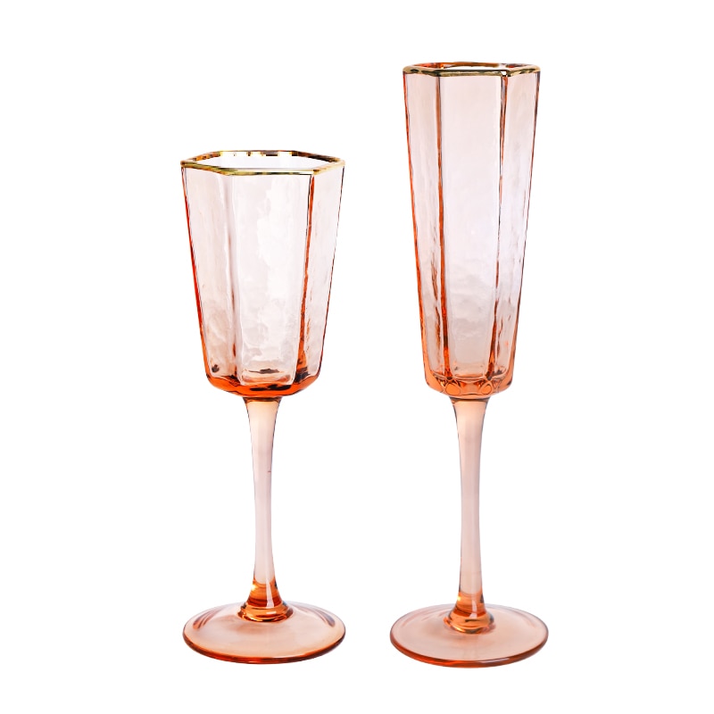 2 PCS Hexagonal Hammered Gold Rim Champagne Glass, Wine Glass,Whisky Glass, Water Glass Set of 2