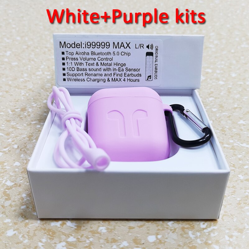i99999 MAX TWS Volume Control Wireless Earphones 1:1 With Text & Metal Hinge Bluetooth Earbuds 10D Super Bass PK i99999 Plus: White Purplecase
