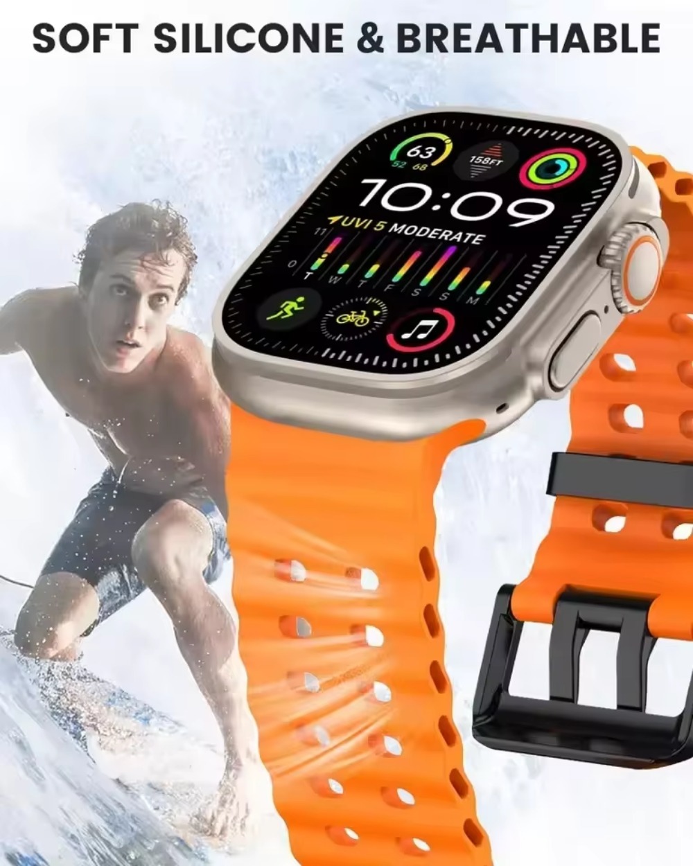 Bracelet en Silicone Souple pour Apple Watch Ultra 2/1, Confortable et Respirant, 49mm 10 46mm 9 8 7 45mm IWatch 6 5 4 SE 44mm