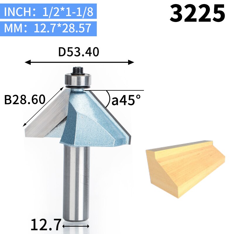 HUHAO 1pcs 1/2"1/4" Shank Chamfer Cutter Industrial grade Router Bits for wood Horse Nose Bit 45 Deg CNC Woodworking Tool endmil: 3225