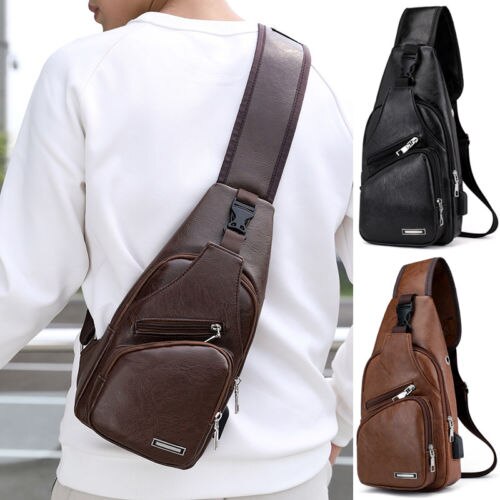 Men's Leather Sling Pack Chest Shoulder Crossbody Bag Biker Satchel Men Briefcases Sales