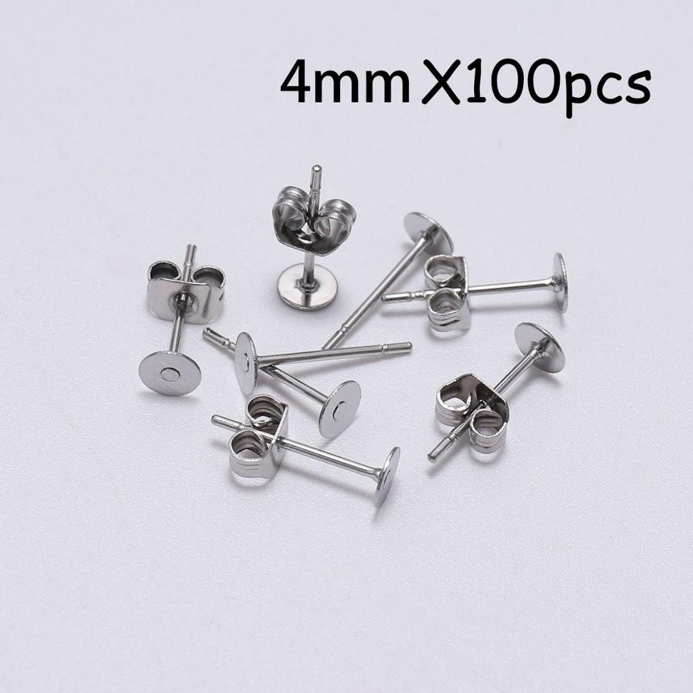 Lote de pendientes de poste de acero inoxidable blanco, 100 unidades, pasadores de Base con tapón para pendientes, reverso de oreja para joyería DIY, soporte de cabujón: 4mm X 100pcs
