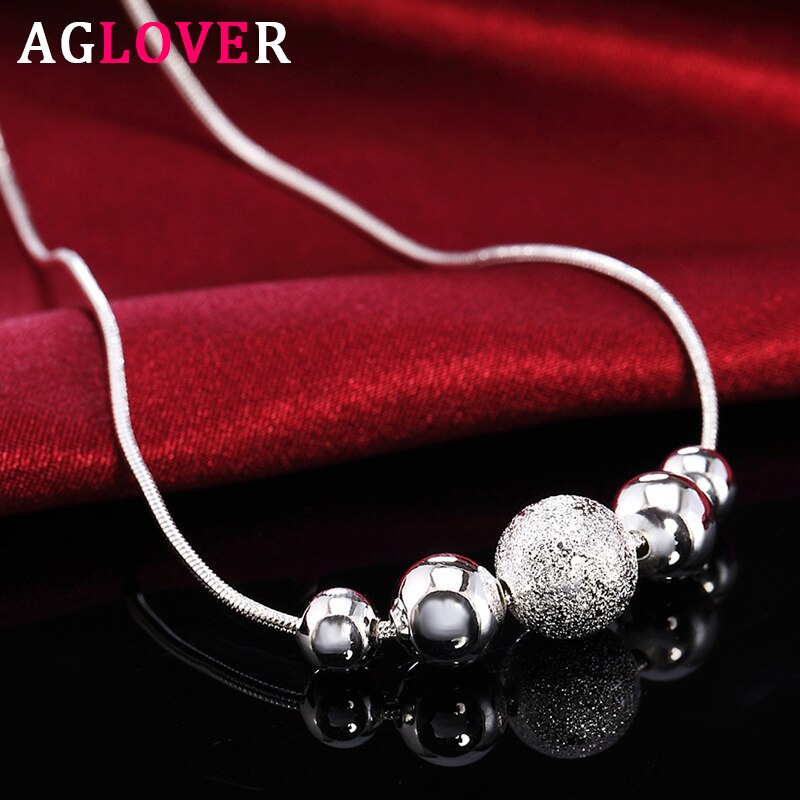 AGLOVER 925 Sterling Silver 18 Inch Snake Chain Frosted Round Bead Pendant Necklace For Woman Charm Wedding Jewelry