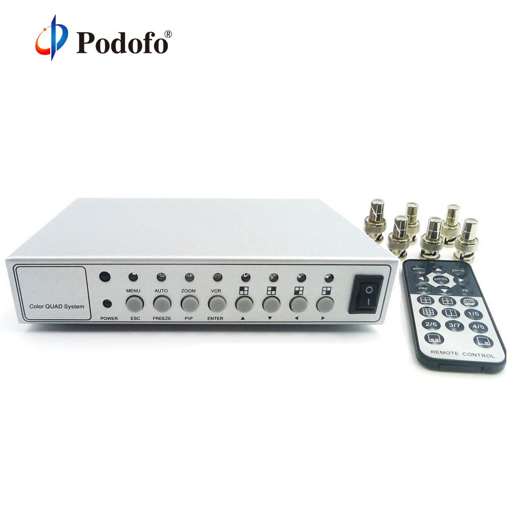 Podofo metal shell hd farve video quad splitter processor system kit cctv videokamera switcher fjernbetjening + kontrol 6 bnc adapter