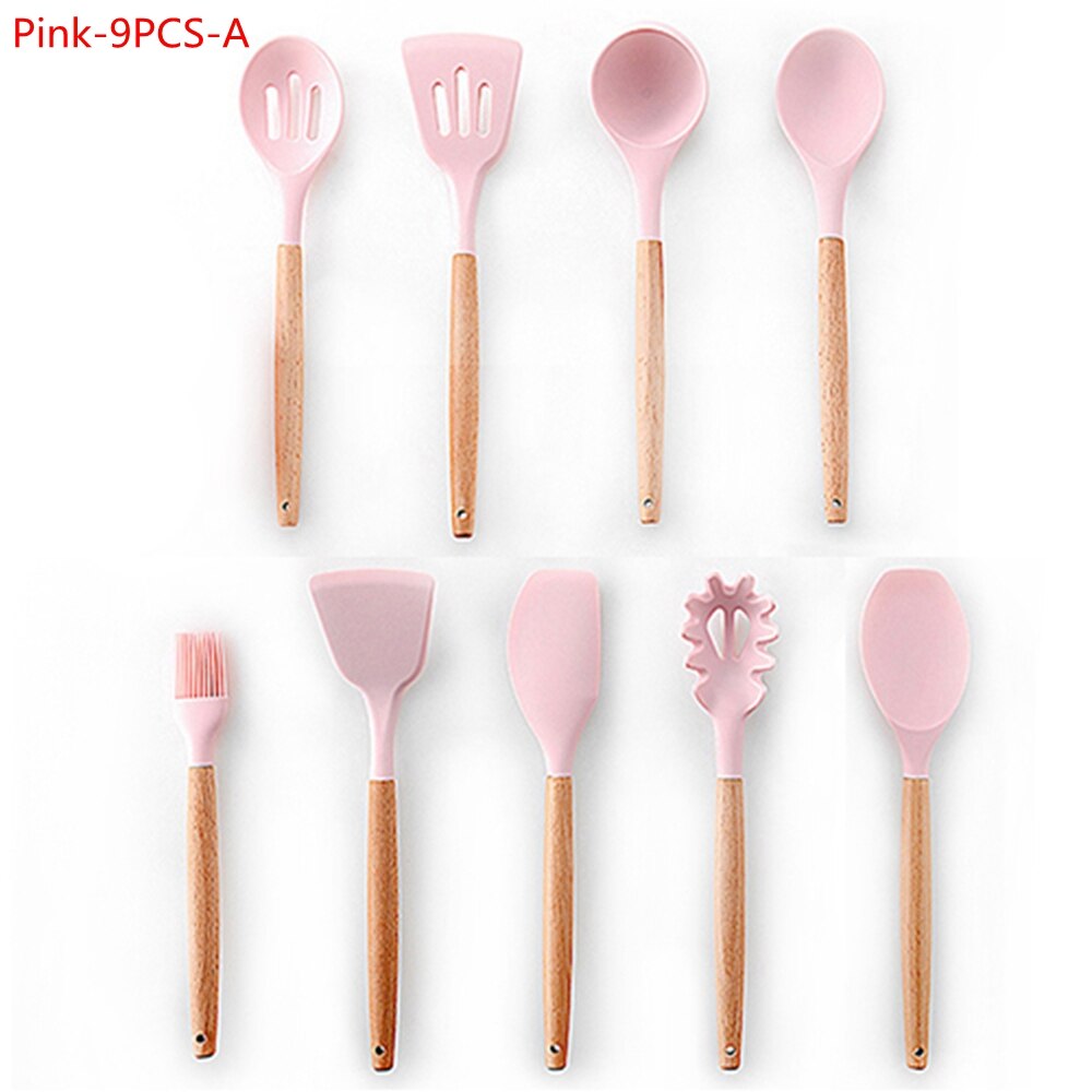 9/11Pcs Silicone Cooking Utensils Set Non-stick Spatula Shovel Wooden Handle Cooking Tools Set Kitchen Tools: 9Pcs-A Pink