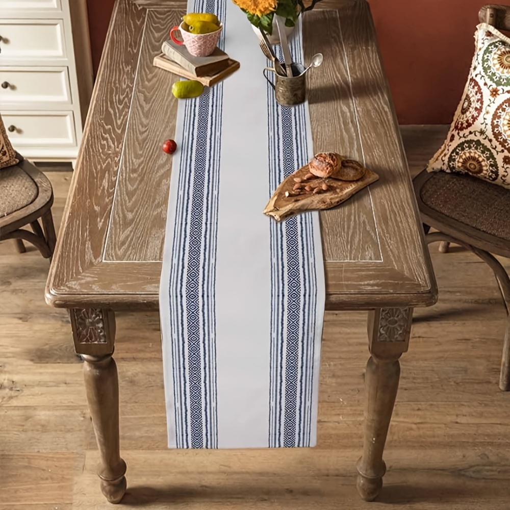 1pc bohemiska bordlöpare långa - duk med blå och vita geometriska ränder, bohemisk lantlig inredning för bröllop