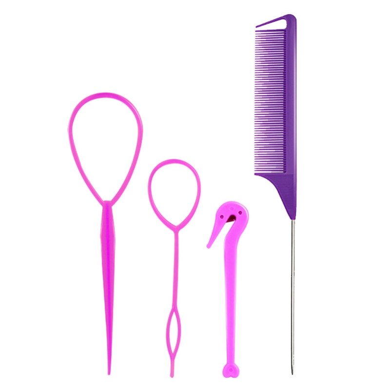 4 Teile/satz Französisch Geflecht Werkzeug Schleife Elastische Haar Bands Entferner Cutter Ratte Schwanz Kamm Metall Stift Schwanz Flechten Kämme für haar Styling: Violett