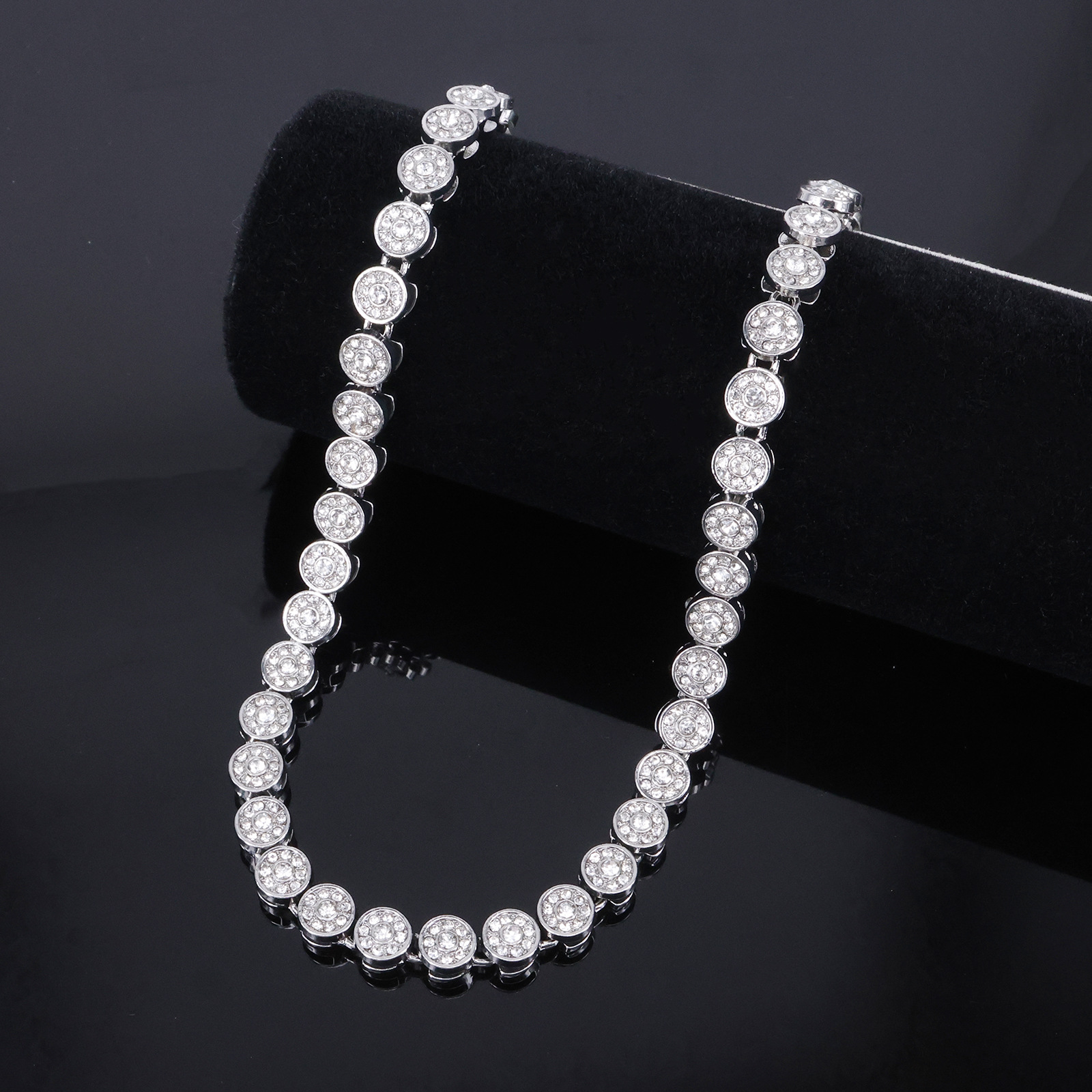 Gold Color Hip Hop Cuban Chain With Full Stone Mens Necklace Silver Color 2 Rows Rhinestone Paved Miami Cuban Chain Necklace: SILVER PLATED