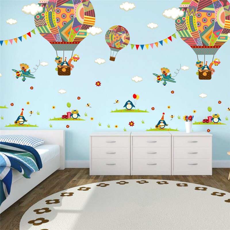 Kleurrijke Air Ballon Beer Giraffe Kinderkamer Muursticker Voor Kinderen Kamers Kinderkamer Cartoon Muurstickers Muurschildering