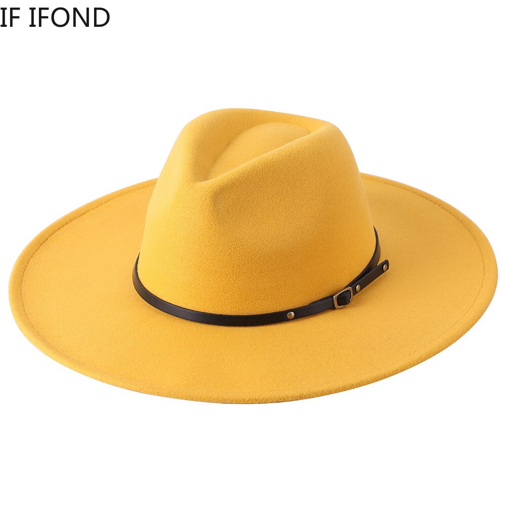 Chapeau Fedora en laine à large bord pour homme et femme, couleur unie, , Jazz, feutré, Panama, jaune
