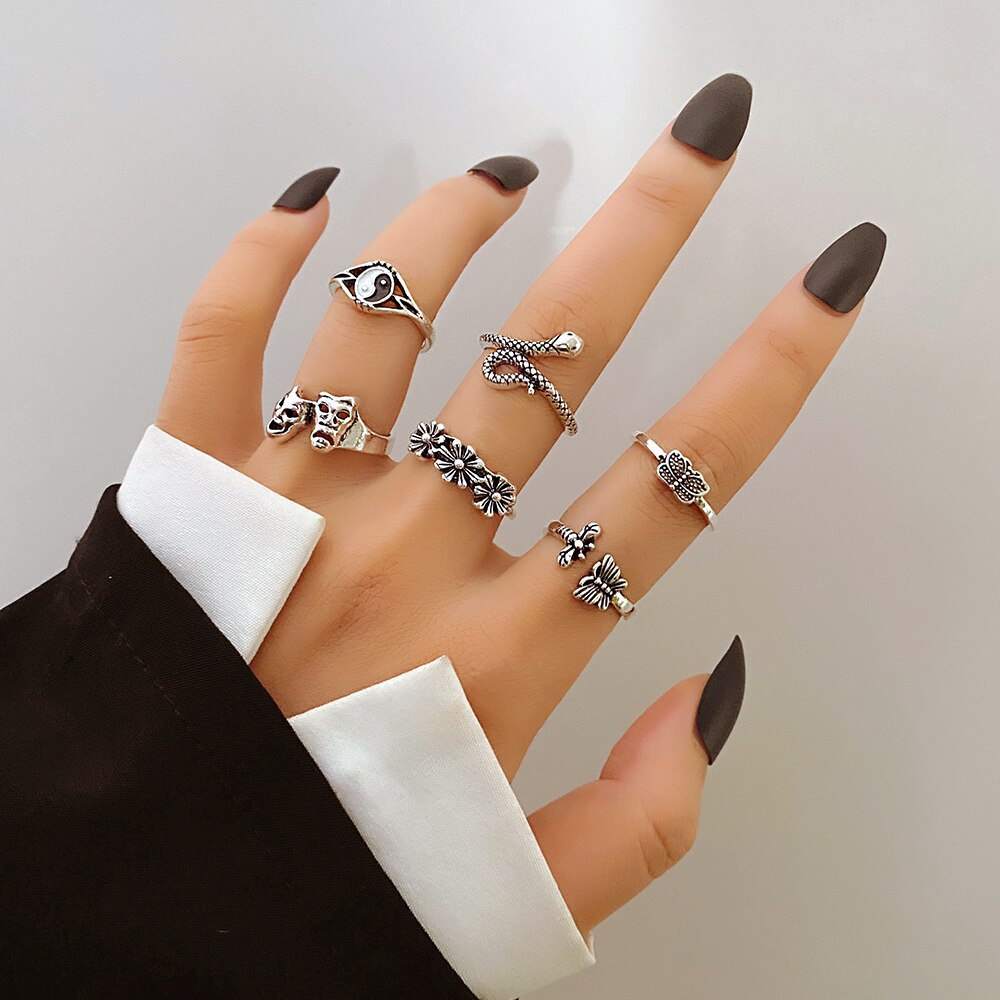 FNIO Trend Silver Color Geometric Personality Rings Set For Men Women Hip-Hop Punk Rings Party Jewelry: FN31813840