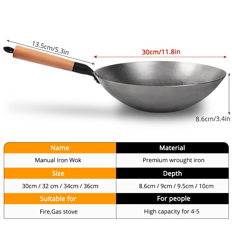 Chinese Wok Uncoated Non-stick Wok Steak and Egg Frying Pan Removable Wooden Handle Dishwasher Completely Kitchen Cookware