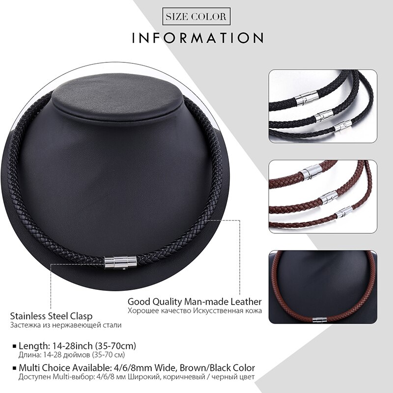 Classic Men's Women's Leather Choker Necklace Black Brown Braided Rope Chain Stainless Steel Clasp Jewelry UNM09