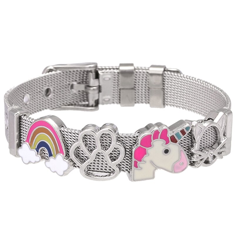 de joyería de acero inoxidable Keeper Mesh Bracelet Set con corazón Arco Iris unicornio finos dijes pulseras como para mujer