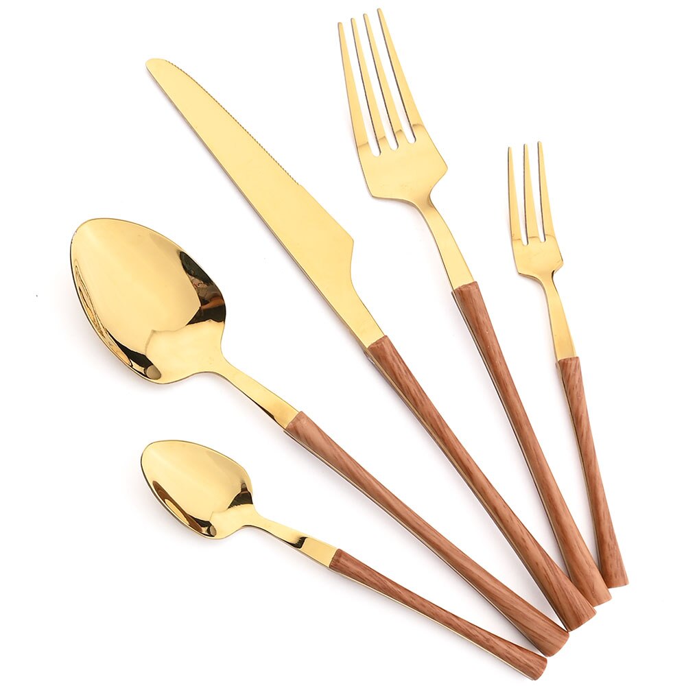 1/2/4/6/8 Set Stainless Steel Flatware Set Wooden Handle Cutlery Set Dinnerware Western Knife Fork Spoon Tableware Kitchen Decor: 1 set / Wooden Gold