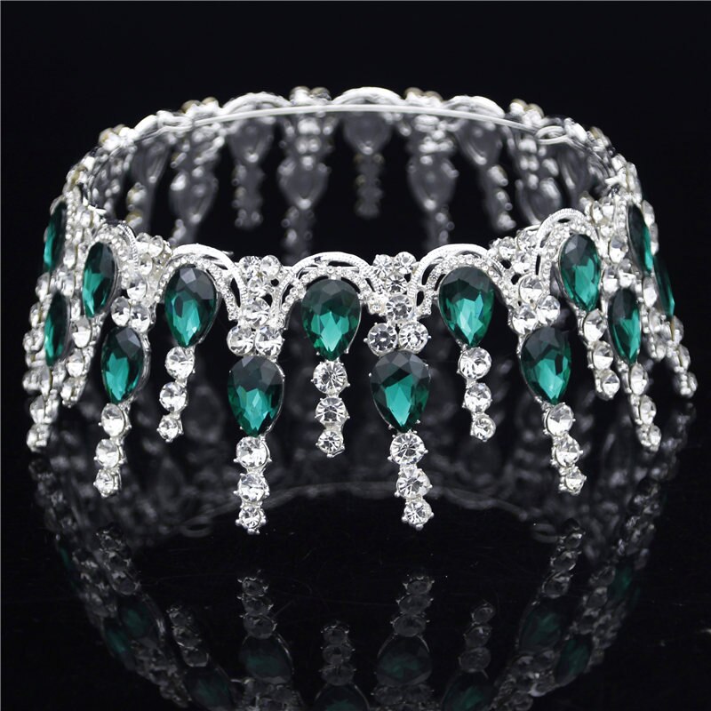 Wedding Tiara Crown - Round Rhinestone Bridal Headpiece - Gold & Silver Plated Zinc Alloy: Silver Green