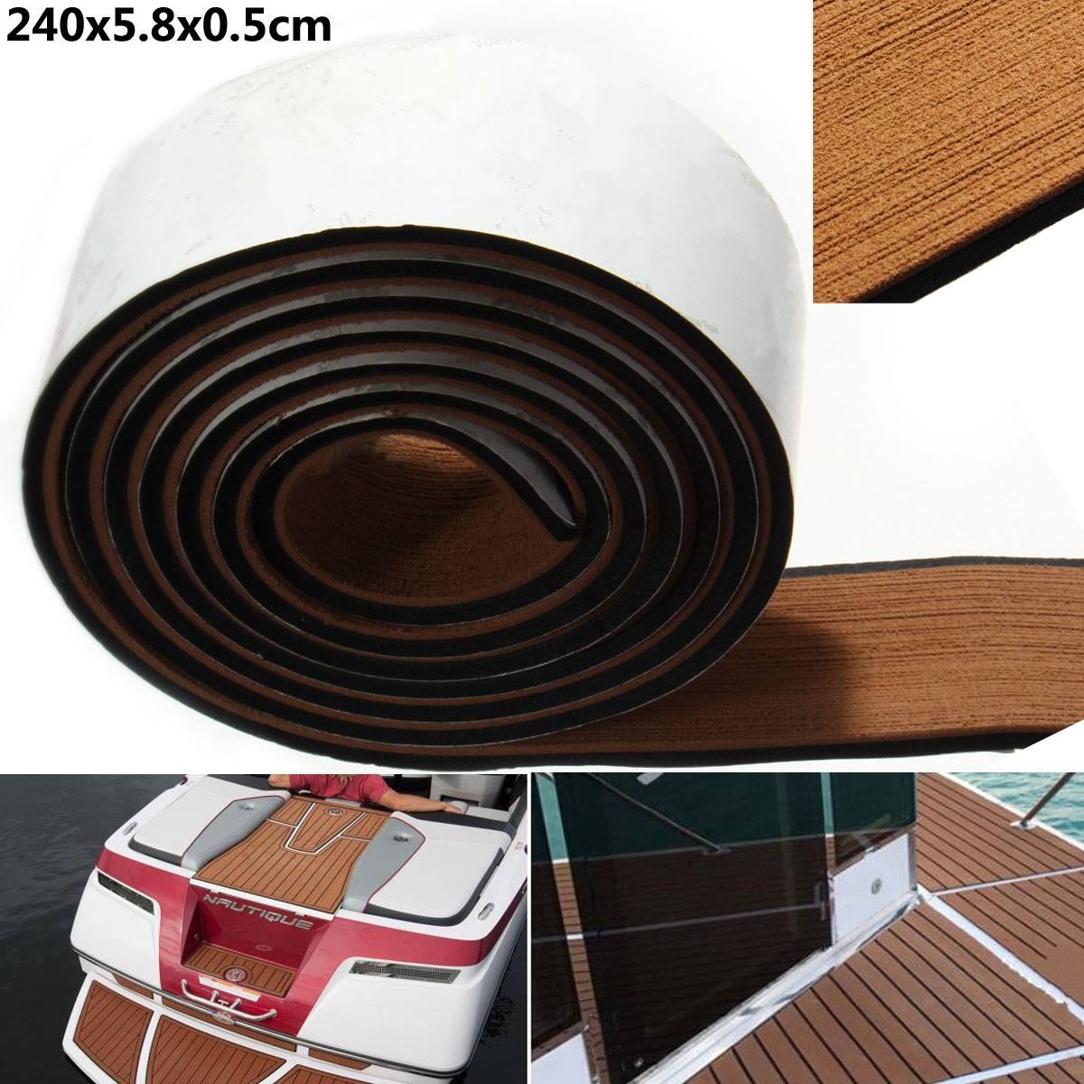 Selvklebende 240 x 5.8 x 0.5cm brune svarte striper skum teak terrassebord pad eva skum marine gulv faux båt terrassebord ark tilbehør