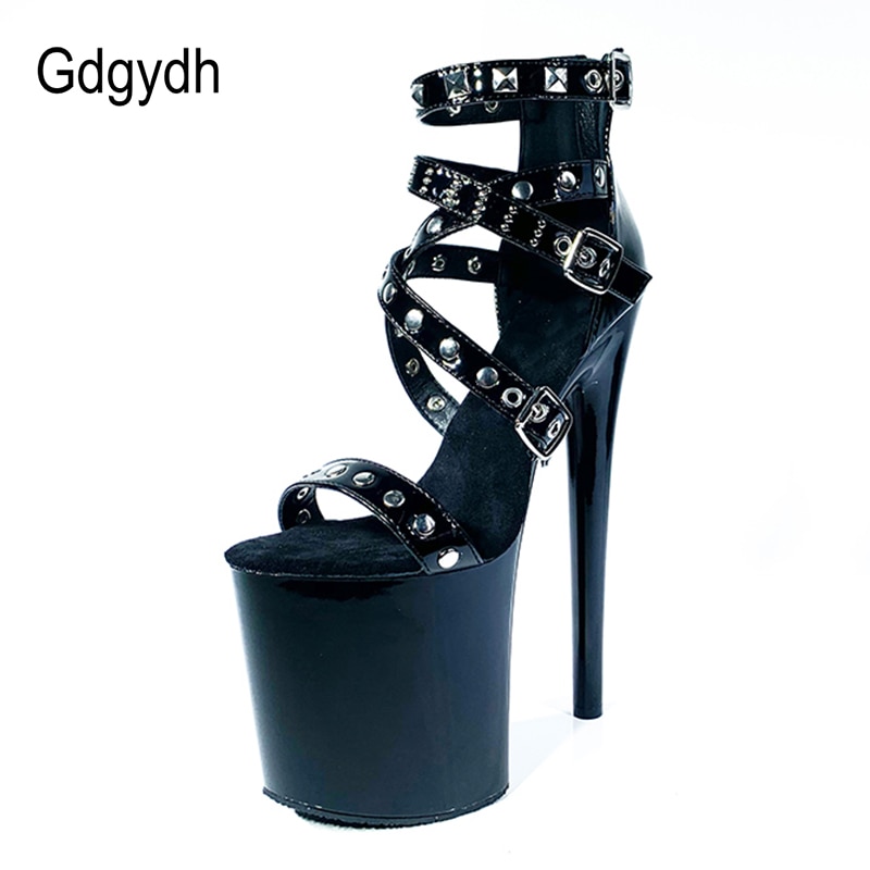 Gdgydh Sexy Rivet Extreme High Heels Platform Club Height 20 cm Black Gothic Sandals For Party Dance Shoes Patent Leather