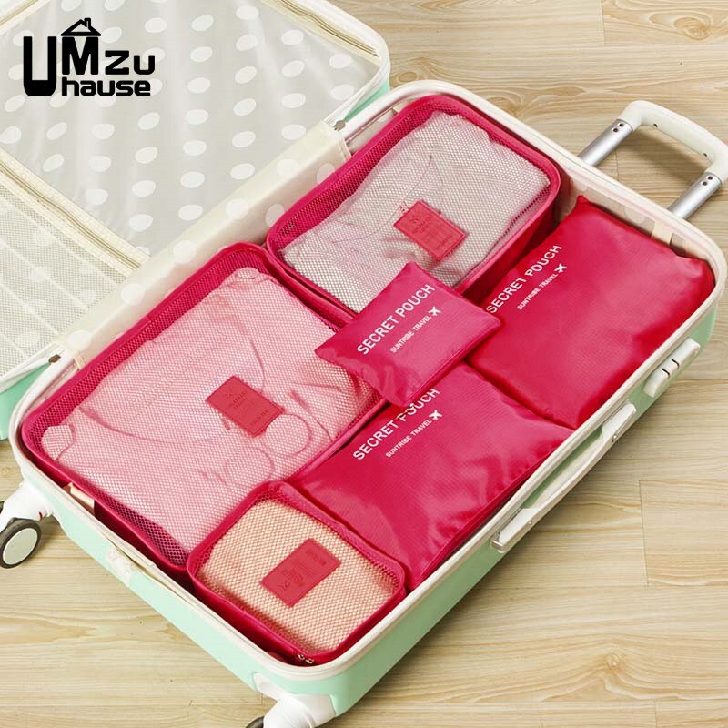 6Pcs Travel Suitcase Storage Bags Set Luggage Organizer Pack Home Organization Reusable Fabric Underwear Clothes Cosmetic Packet: Red