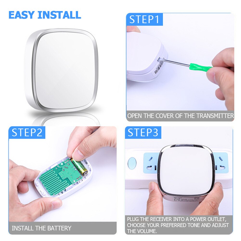 Waterproof Long-distance Remote Control Wireless Doorbell 36 Ringtones 4 Volume Levels Adjustable Bell Door Chime Receiver