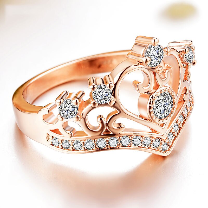 HIYONG Rose Gold Crown Romentic Trouwringen voor Vrouwen Koper Crown Cut AAA Zirkoon Ring Engagement Bruiloft Sieraden