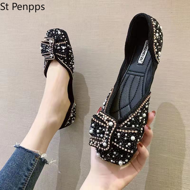 Women Ballet Flats 2022 Bling Crystal Diamond Dress Ladies Bow Sequins Single Shoes Rhinestone Glitter Square Toe Plus Size 43