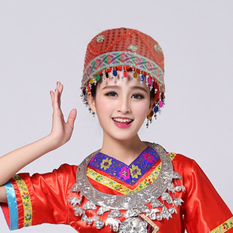 Red Blue Tassel Miao Headpiece Hmong Minority Hat Traditional Dong Nationality Dance Head wear Festival Performance Headdress