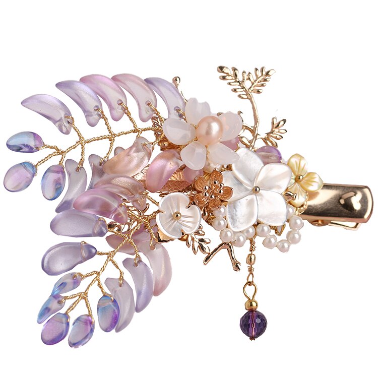 Handmade Wisteria flower Hair Clip Kanzashi Hair accessories Hanfu headdress Ancient style Pearl Hairpin Gradient Duckbill clip