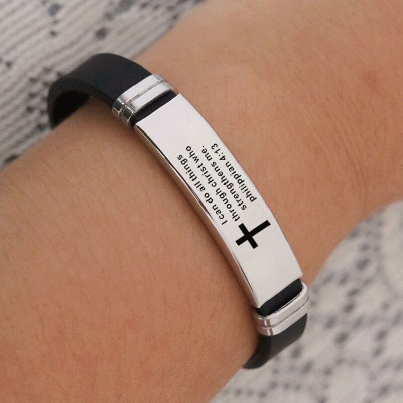 Cruz Biblia Cristiana hombres pulsera ajustable longitud pulseras de silicona pulsera escritura amor nunca falla joyería masculina