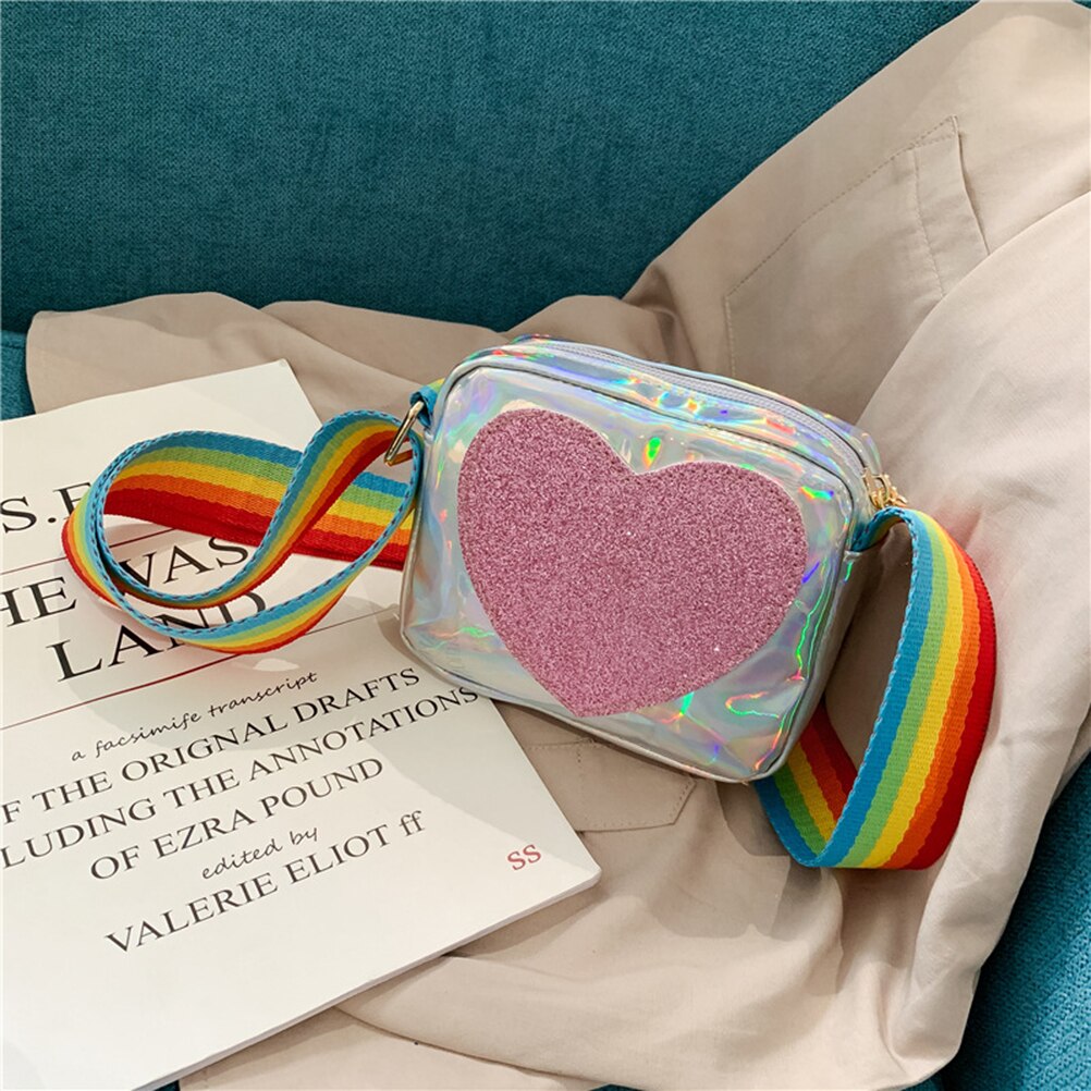 Cute Sequins Loving Heart Kids Shoulder Bags Messenger Shoulder Bag Rainbow Shoulder Strap Crossbody Bag Lovely Wallet for Girls