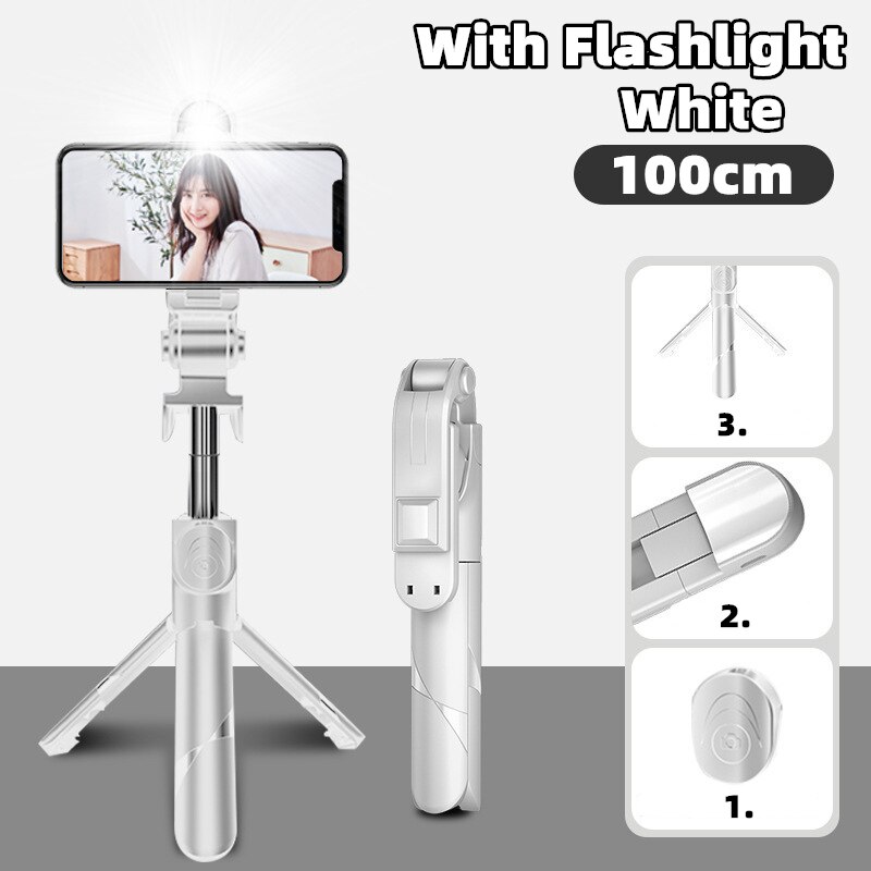 Kabelloser selfie-stick, bluetooth-kompatibel, faltbares mini-stativ für smartphones mit aufhelllicht, auslöser und fernbedienung für ios und android: Weißer blitz 100cm