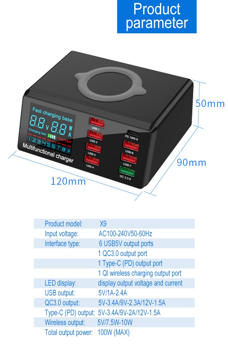 100W Ladegerät Multi-funktion 8 USB QC 3,0 Schnelle Drahtlose Ladegerät Multi-Hafen Digitale Ladegerät Беспроводная Зарядка