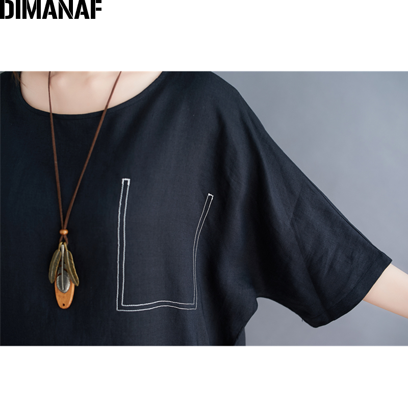 DIMANAF-vestido holgado informal de lino y algodón para verano, traje holgado para mujer en tallas grandes, color negro,