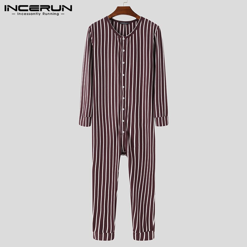 Incerun Mannen Gestreepte Pyjama Jumpsuits Lange Mouwen Button Up Leisure Homewear Rompertjes Cozy O Hals Heren Nachtkleding Overalls S-5XL