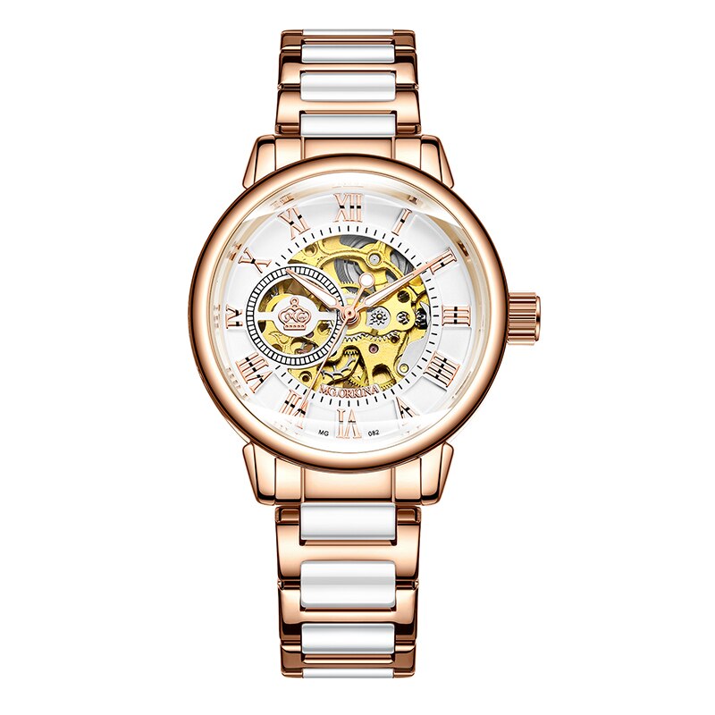 ORKINA Mechanische Frauen Armbinde Uhr Skelett Automatische Armbanduhr Gittergewebe Edelstahl Band Weibliche Uhr schick Reloj Mujer: 082 Rose C