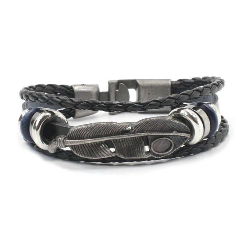 Bracciale da uomo moda retrò in pelle moto multistrato bracciale intrecciato a mano bracciale in acciaio inossidabile regalo per fidanzato: leaf