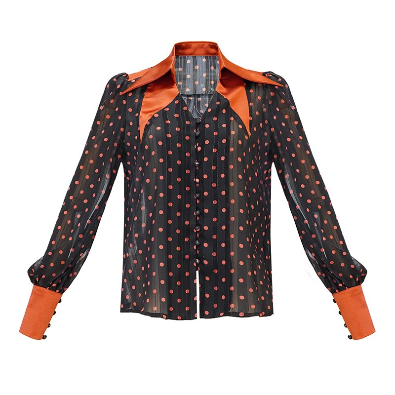 Vgh polka dot vintage skjorte for kvinner jakkeslag langermet casual gjennomsiktig chiffon elegant bluse kvinnelig høststil klær: S
