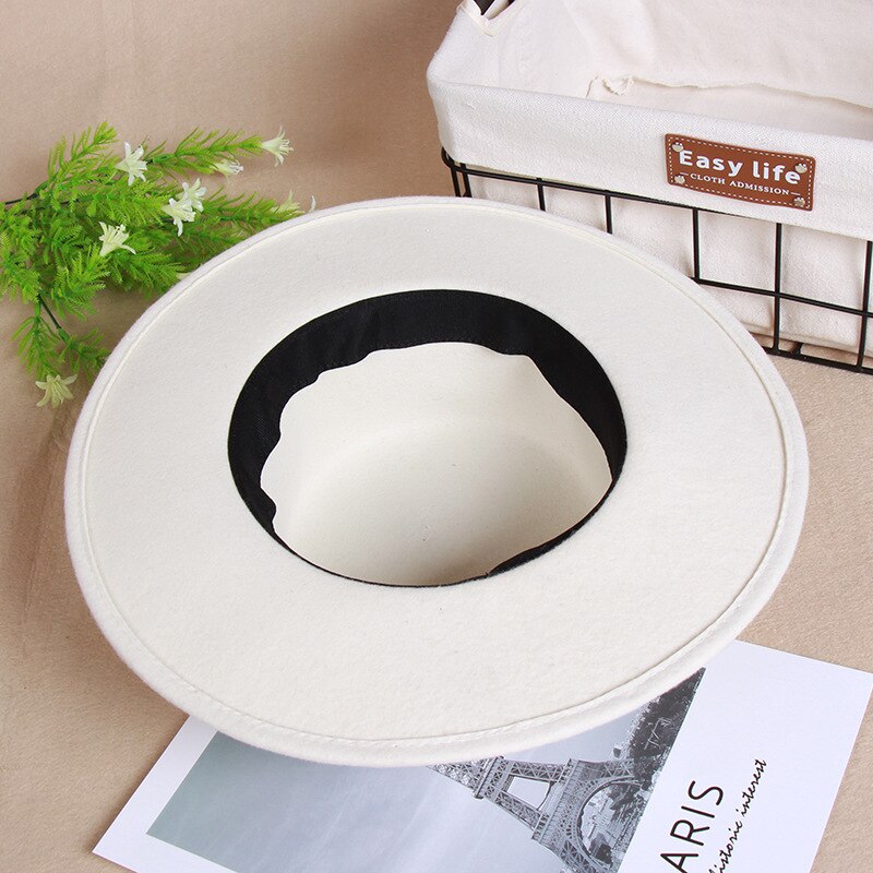 White Top Hat Female High-end Wool Felt British Wool Top Hat Flat Top Flat Edge Top Hat
