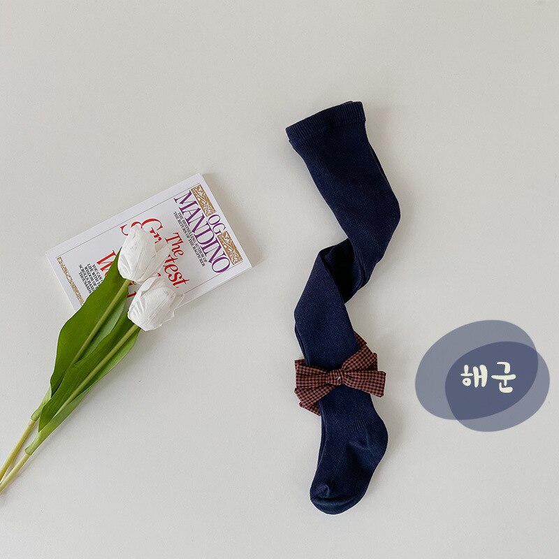 Meia-calça infantil de algodão, calça legging branca de outono com dupla agulha xadrez e laço para meninas: 2 Navy blue / S(0-1T)